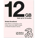 12 GB Pre-loaded Data SIM Card Three Pay-As-You-Go for Mobile Broadband Devices